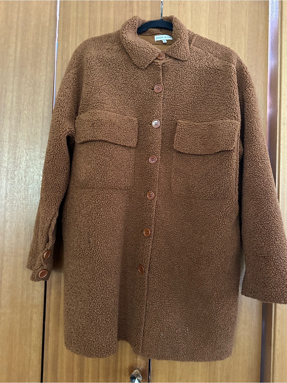Moon River Chest-Pocket Teddy Jacket in Warm Brown